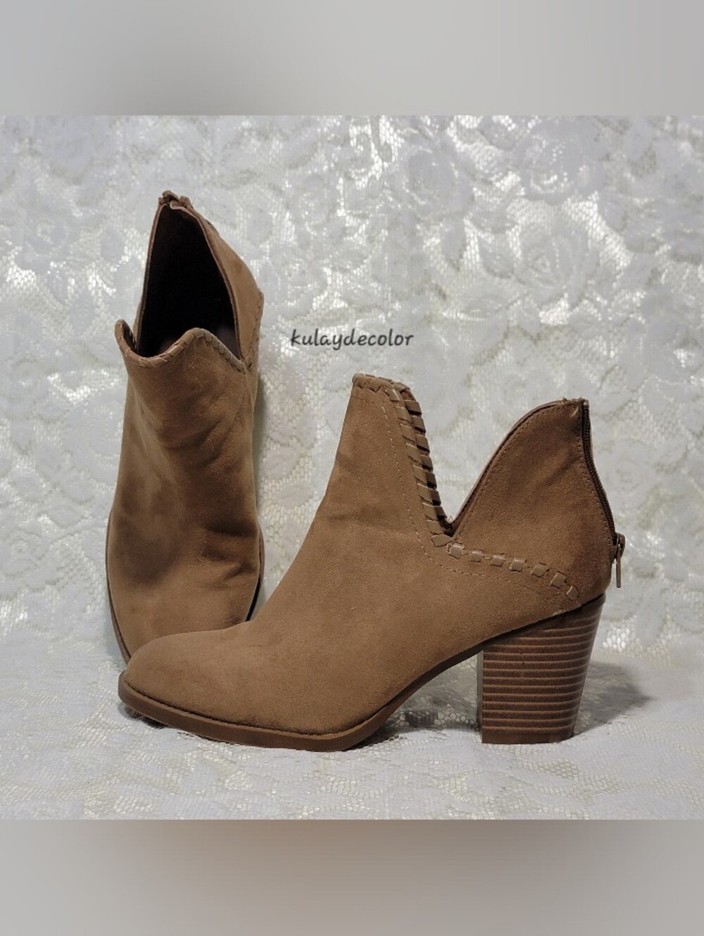 Market & Spruce Women's Tan Suede Cutout Ankle Booties Block Heel Rear Zipper